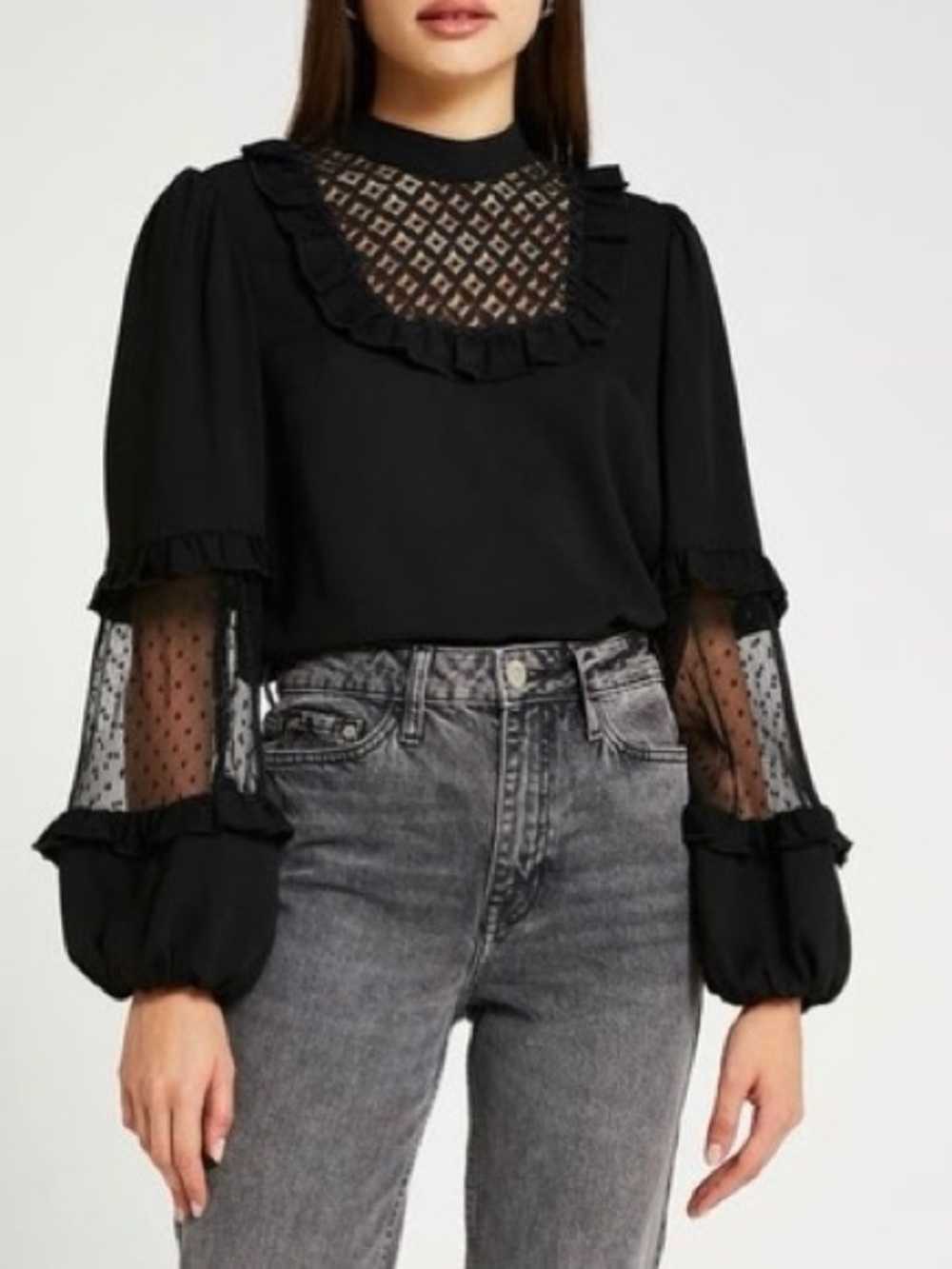 River Island Black Lace Bib Balloon Sleeve Blouse Blouse Size 6